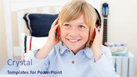  Presentation with music headphones - PPT layouts consisting of happy-boy-listening-music-sitting background and a sky blue colored foreground