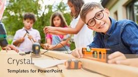  Presentation with summer camp - Amazing slides having happy-boy-using-spirit-level backdrop and a lemonade colored foreground