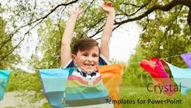  Presentation with finish line - Slide deck with happy-boy-with-hands-raised background and a gold colored foreground