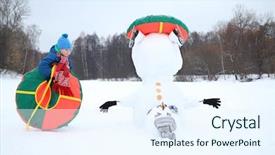  Presentation with snowman - Amazing slide set having happy boy with tube stands near upside down snowman at winter day backdrop and a sky blue colored foreground
