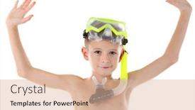  Presentation with mask - Slide deck featuring happy boy with yellow diving mask hands up isolated on white background background and a lemonade colored foreground