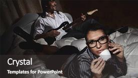  Presentation with electric guitar - Slides having happy boyfriend with electric guitar - playing and woman drinking coffee with pleasure on bed background and a dark gray colored foreground