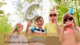  Presentation with happy birthday - PPT theme enhanced with happy-boys-and-girls background and a coral colored foreground