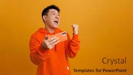  Presentation with asian - Presentation design featuring happy-brunette-asian-adult-man background and a gold colored foreground