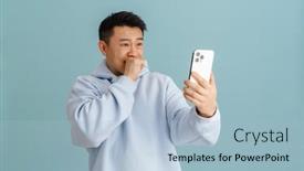  Presentation with asian - Slide deck featuring happy-brunette-asian-adult-man background and a light blue colored foreground