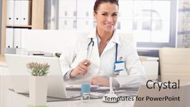  Presentation with medical desk - Slides with happy brunette caucasian female doctor background and a mint green colored foreground