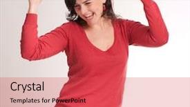  Presentation with news - Amazing slides having happy brunette celebrating good news backdrop and a red colored foreground