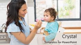  Presentation with baby feeding products - Amazing PPT layouts having happy brunette feeding her baby backdrop and a  colored foreground