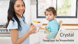  Presentation with happy baby - Slide deck consisting of happy brunette feeding her baby background and a  colored foreground