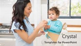  Presentation with baby feeding products - PPT layouts with happy brunette feeding her baby background and a  colored foreground