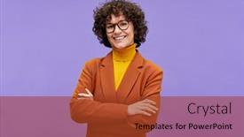  Presentation with teacher - PPT theme having happy-brunette-female-employee background and a  colored foreground