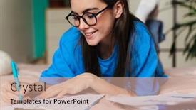  Presentation with homework - Audience pleasing PPT theme consisting of happy-brunette-girl-in-eyeglasses backdrop and a coral colored foreground