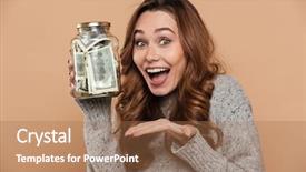  Presentation with gray - Cool new PPT theme with happy brunette girl in gray backdrop and a coral colored foreground