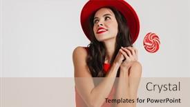  Presentation with girl in red dress - Cool new PPT theme with happy-brunette-girl-in-red backdrop and a coral colored foreground