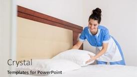  Presentation with bed hotel - Slide deck having hotelaria hospitalar - happy brunette girl in uniform background and a lemonade colored foreground