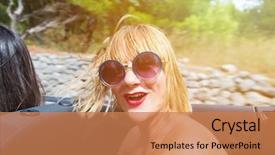  Presentation with car seat - Theme featuring happy brunette girl sitting and smiling in the back seat of convertible car sun effect applied background and a coral colored foreground