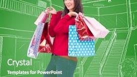  Presentation with paper bag vs plastic bags - Presentation theme enhanced with happy brunette holding shopping bags background and a  colored foreground