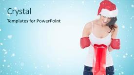  Presentation with falling snow - Audience pleasing presentation consisting of happy brunette in boxing gloves looking in shopping bag against christmas snow falling backdrop and a cool aqua colored foreground
