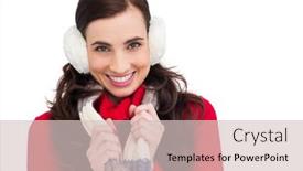  Presentation with clothes - Beautiful PPT theme featuring happy-brunette-in-winter-clothes backdrop and a soft green colored foreground