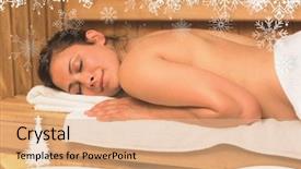  Presentation with snowflakes - Audience pleasing slides consisting of happy brunette lying down in a sauna against fir tree forest and snowflakes backdrop and a coral colored foreground