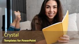  Presentation with writing notes - Audience pleasing slide deck consisting of happy-brunette-nice-girl-writing backdrop and a tawny brown colored foreground