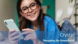  Presentation with mobile home - Colorful slide set enhanced with happy-brunette-nice-girl backdrop and a ocean colored foreground