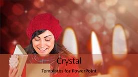  Presentation with candle christmas - Slide set with happy brunette opening christmas gift against candle burning against festive background background and a red colored foreground