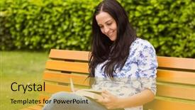  Presentation with reading - Beautiful PPT layouts featuring happy brunette reading a book on a bench in the park backdrop and a yellow colored foreground
