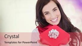  Presentation with red bow - Presentation design featuring happy brunette showing red gift with a bow against glowing christmas background background and a red colored foreground