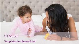  Presentation with happy baby - PPT theme with happy brunette showing yellow duck to her baby in bedroom background and a lemonade colored foreground