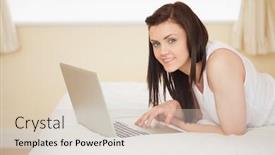  Presentation with social isolation - Amazing slide deck having happy brunette using a laptop lying on her bed in a bedroom working from home in quarantine lockdown social distancing self isolation backdrop and a lemonade colored foreground