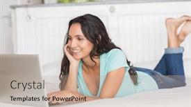  Presentation with social isolation - PPT theme consisting of happy brunette using her laptop at home in bedroom working from home in quarantine lockdown social distancing self isolation background and a coral colored foreground