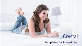  Presentation with social distancing - Audience pleasing PPT layouts consisting of happy brunette using her laptop at home in bedroom working from home in quarantine lockdown social distancing self isolation backdrop and a sky blue colored foreground