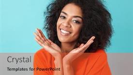  Presentation with blue orange - Slide deck enhanced with happy brunette woman in orange shirt looking on camera with smile and keeping hands at face isolated over blue background background and a red colored foreground