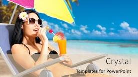  Presentation with orange juice - Theme enhanced with happy brunette woman on vacation drinking orange juice on the beach background and a lemonade colored foreground