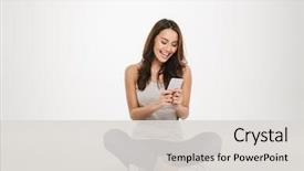  Presentation with floor - Beautiful PPT theme featuring happy brunette woman sitting backdrop and a light gray colored foreground