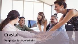  Presentation with business office desk - Beautiful presentation design featuring happy business colleagues stacking hands backdrop and a  colored foreground