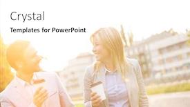  Presentation with small business - Colorful slide deck enhanced with happy business couple conversing while holding disposable cups in city backdrop and a white colored foreground