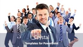  Presentation with leader - Presentation design featuring happy business group leader pointing at you background and a ocean colored foreground