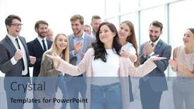  Presentation with lady - Audience pleasing slide set consisting of happy-business-lady-standing backdrop and a seafoam green colored foreground