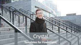  Presentation with well - Colorful slides enhanced with happy business man in glasses and warm clothes holding documents in hands and standing on the stairs as well as looking at camera backdrop and a gray colored foreground