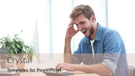  Presentation with business calculator - Cool new presentation design with happy business man looking at his calculator backdrop and a lemonade colored foreground