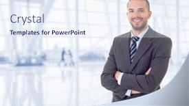  Presentation with office - Slide deck having happy-business-man-portrait background and a sky blue colored foreground