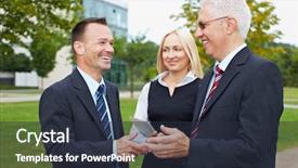  Presentation with business partner - Colorful theme enhanced with happy business partner people talking backdrop and a tawny brown colored foreground