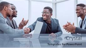  Presentation with partners - Beautiful slide deck featuring happy-business-partners-shaking-hands backdrop and a light blue colored foreground