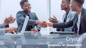  Presentation with shaking hands - Presentation having happy-business-partners-shaking-hands background and a seafoam green colored foreground