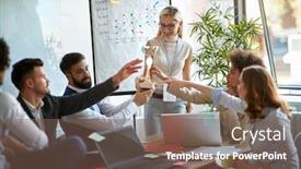  Presentation with award winner - PPT layouts consisting of happy-business-people-celebrate background and a violet colored foreground