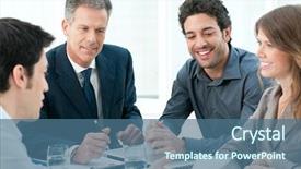  Presentation with five business people standing together and smiling - Presentation theme consisting of happy business people discussing together background and a ocean colored foreground