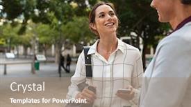  Presentation with two people talking - Cool new slide deck with happy-business-people-in-conversation backdrop and a coral colored foreground