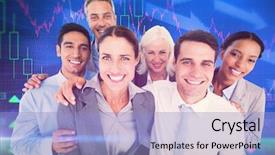  Presentation with shares - Slide deck having happy business people looking at camera against stocks and shares background and a light blue colored foreground